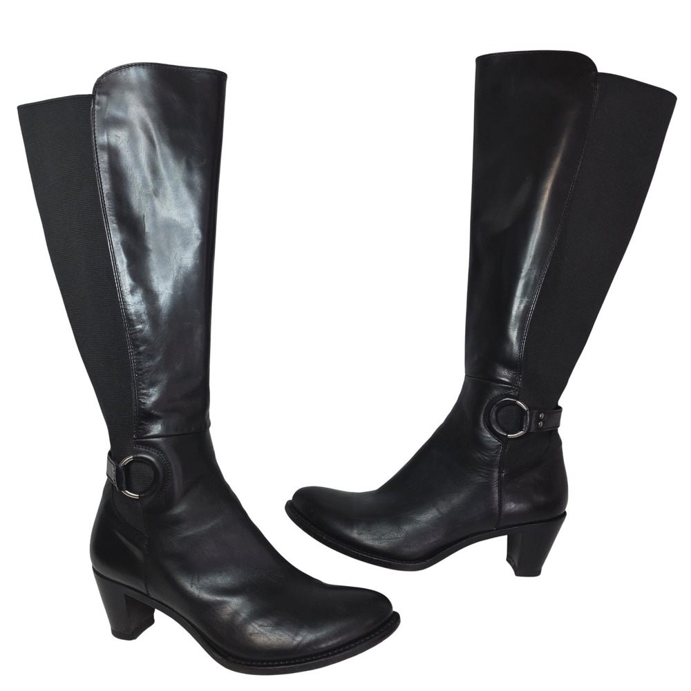 AGL Soft BlackLeather Tall KneeBoots W's 41.5‎ Elastic Side Panel Block Heel